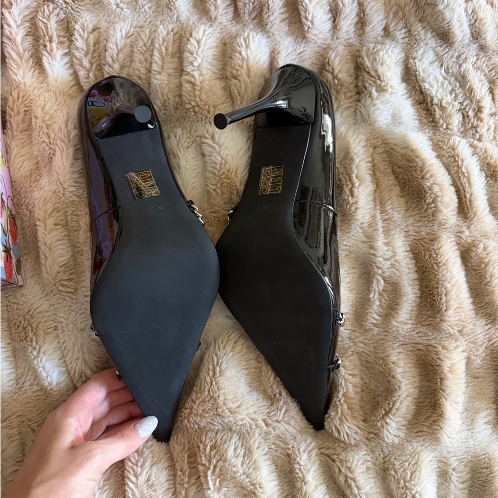 Jeffrey Campbell Black Patent Heels with Chain Detail - Picture 2 of 5